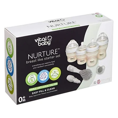 Image of Vital Baby Nurture Breast Like Starter Set Anti Colic Bottle with Soother &amp; Non Scratch Brush Newborn Essentials BPA, Phthalate Latex Free 2x150ml 2x240ml Feeding Bottles