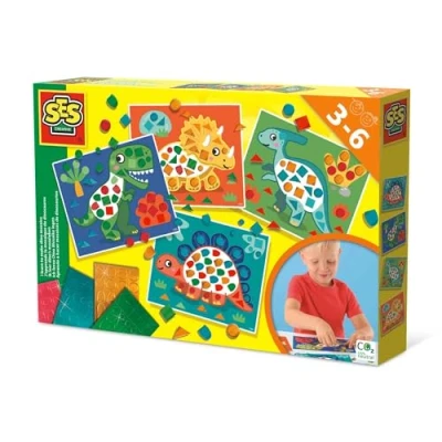 Image of SES Creative 14641 I Learn to Make Dino Mosaics, 4 Large Cards with Metallic Stickers, Complete Set for Children