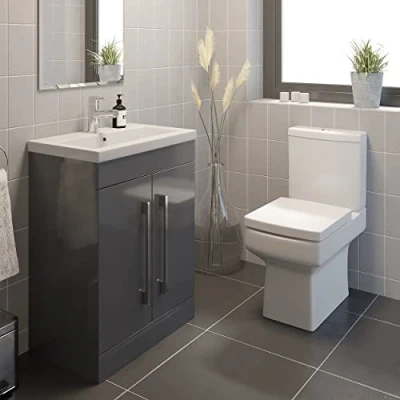 Image of Affine Modern 600mm Bathroom Basin Sink Vanity Unit Grey Gloss Furniture Toilet Close Coupled Square Ceramic