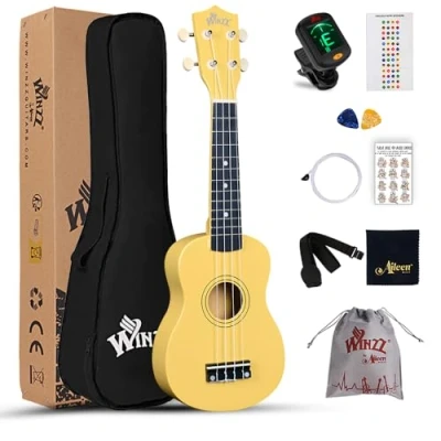 Image of Winzz Soprano Ukulele Starter Kit For Beginners with Bag, Clip On Tuner, Extra Strings, Strap, Plectrum, Fret Stickers, Chords Card, Polishing Cloth, Light Yellow