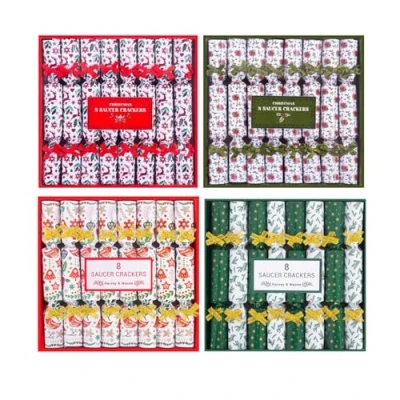 Image of YöL Pack of 32 Mini Saucer Christmas Crackers Afternoon Tea Breakfast Xmas Table Decor Holly Green Gold Red Reindeers