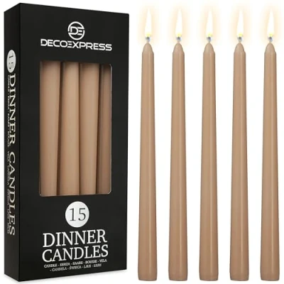 Image of DECO EXPRESS Candles Set Classic Dripless Tapered Metallic Unscented 8H Burning Time, Decorative Dinner for Restaurant Home Christmas, Variety of Packs &amp; Colours (Cappuccino 15 Pack)
