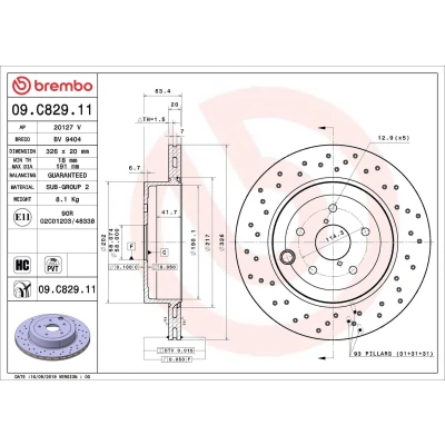 Image of 26700VA010 Brake disc BREMBO 09.C829.11 326mm 20mm 5 perforated/vented Coated High carbon