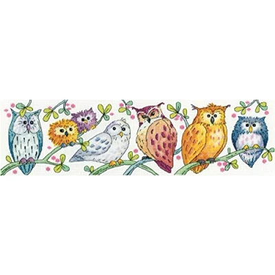 Image of Heritage Crafts Cross Stitch Kit Owls on Parade (Aida)