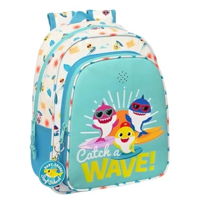 Image of BABY SHARK SURFING Children&#039;s School Backpack with Music, Ideal for Children of Different Ages, Comfortable and Versatile, Quality Resistance, 27 x 10 33 cm, Blue White, blue/white,
