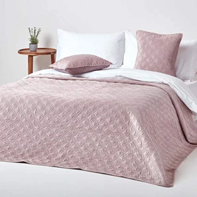 Image of HOMESCAPES Dusky Pink Velvet Bedspread Quilted Geometric Throw for Double Bed 200 x cm