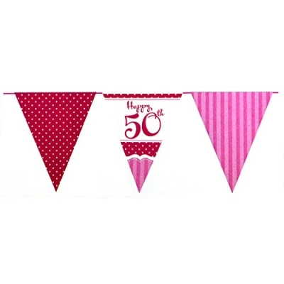 Image of Creative Party 50th Birthday Paper Flag Bunting, 3.7 Metre Length, Perfectly Pink