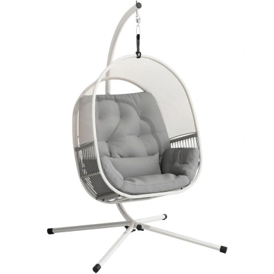 Image of Outsunny Hanging Egg Chair Outdoor Indoor, Swing Hammock with Stand, Cushions, Lumbar Pillow, Adjustable Height and Steel Frame for Garden Patio Lounge Porch, Light Grey