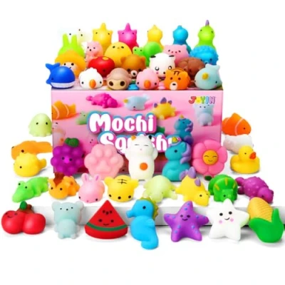 Image of JOYIN Mochi Squishy Toys Set, 50 Pack Mini Party Favors for Kids, Kawaii Toy Stress Relief Toys, Goodie Bags Fillers with Storage Box, Pinata Stuffers, Classroom Prizes