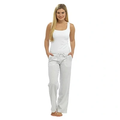 Image of Tom Franks Ladies Linen Blend Full Length Summer Beach Holiday Trousers with Ribbed Back (14, White)