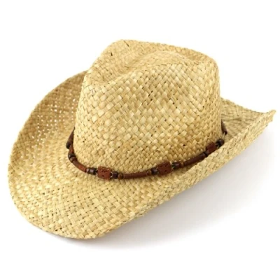 Image of Straw cowboy hat natural with wooden band summer sun