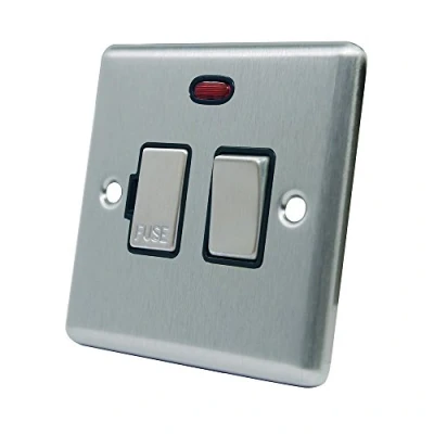 Image of AET CSCSFNBS Satin Chrome Classical Spur w Black Insert Metal Rocker Switch 13 Amp Switched Fused Connection Unit with Neon Indicator