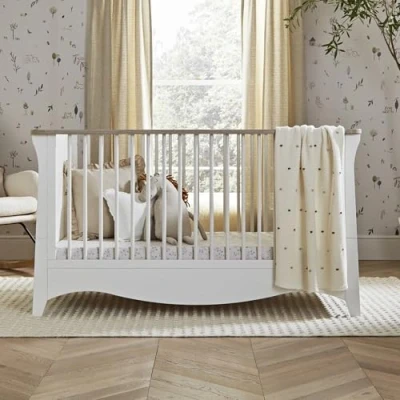 Image of CuddleCo Clara white &amp; ash Baby Cot bed Nursery furniture with 3 height settings Converts into toddler Mattress sold separately (140x70cm)
