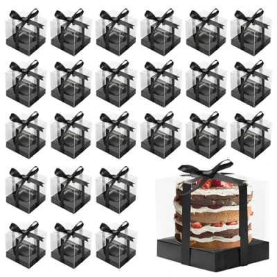 Image of 24Pcs Clear Cupcake Boxes, 9x9x9cm Containers Individual, Plastic Single Holders with Inserts and Ribbon, Portable Muffin Boxes for Cake Baking, Wedding, Baby Shower