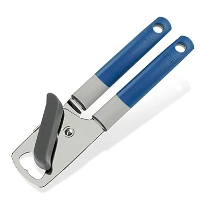 Image of Tasty Can Opener, Manual Tin Opener with Built in Bottle Kitchen Utensil, Sturdy and Soft Touch Handles, Dimensions: 21.5x5cm, Colour: Dark Blue, Grey, Silver