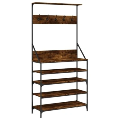 Image of vidaXL Clothes Rack with Shoe Storage Smoked Oak Finished Free Standing Coat for Compact Space Engineered Wood &amp; Metal