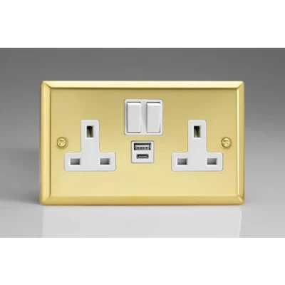 Image of Varilight Classic Victorian Brass 2 Gang 13A Single Pole Switched Socket with 1x USB A &amp; C Charging Ports White Inserts