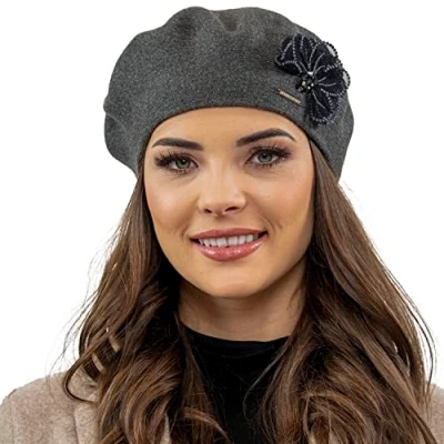 Image of Vivisence Elegant Ladies Beret with Floral Decoration Made from Warm and Soft Woolen Fabric Ideal for Cold Winter Days Perfect Everyday Wear Or Outdoor Activities, Dark Grey,UNI