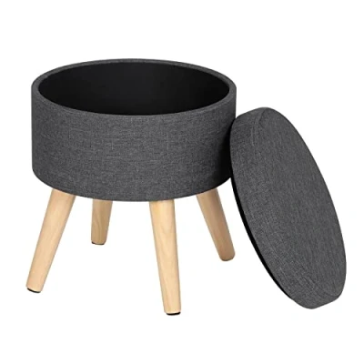 Image of WOLTU Storage Ottoman Chair Stool Dark Grey Upholstered Footstool Linen Round Pouffe Multifunction with Removable Cover