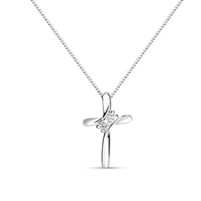 Image of MIORE diamond Cross necklace for women in 9 kt 375 white gold pendant with 0.05 ct natural diamonds on 45 cm chain
