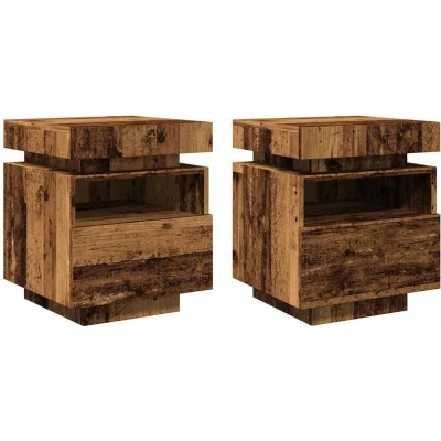 Image of vidaXL Bedside Cabinets with LED 2 pcs Old Wood 40x39x48.5 cm Engineered Bedroom Storage Modern Style Rectangular Lighted Tables for Nightstand