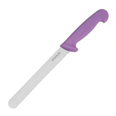 Image of Hygiplas Bread Knife 20 cm/8 inch, Purple Colour Coded for Allergenic Foods, Stainless Steel, Nylon Handle, Dishwasher Safe, FP731, Berry