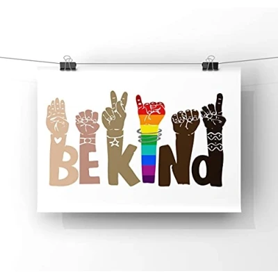 Image of Dreacoss BE KIND + Pride Rainbow LGBTQ Inclusive Poster, Decorative Paintings Modern Home Wall Decor for Office Living Room Bedroom Kitchen Gifts, No Framed 12x18 Inches