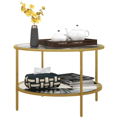 Image of HOMCOM Round Coffee Table with Storage, 2 Tier Tempered Glass Steel Frame for Living Room, Gold Tone