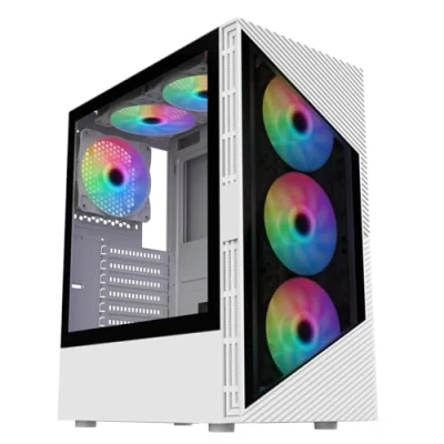 Image of CiT Impact White Mid Tower PC Gaming Case ATX with 2 x Tempered Glass Panels Darkened 6 120mm ARGB Inner Ring Fans &amp; Port Hub Included