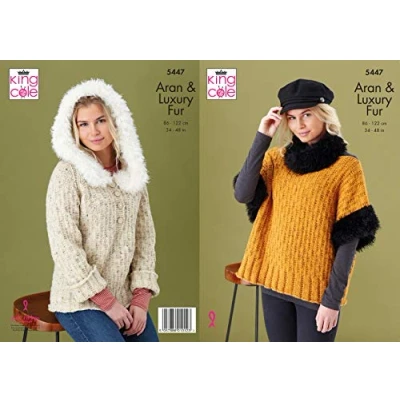Image of King Cole Aran &amp; Luxury Fur Knitting Pattern Ladies Hooded Sweater Top Cowl (5447)