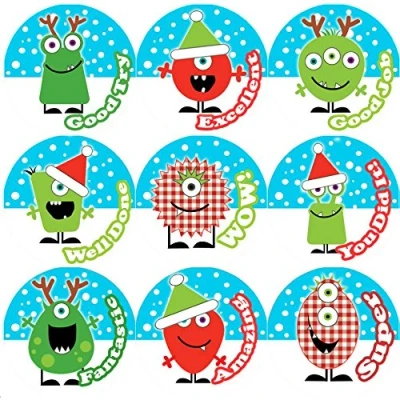 Image of 144 Christmas Monsters Praise Words 30mm School Reward Stickers for Teachers