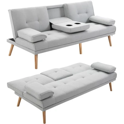 Image of HOMCOM 3 Seater Sofa Bed Scandi Style Recliner Thick Cushions Convertible Adjustable Split Back Middle Table w/Armrest Cup Holder 72H x 181W 77Dcm