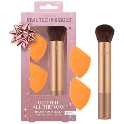 Image of Real Techniques Glitter All The Way Brush + Sponge Kit, 3 Piece Limited Edition Gift Set