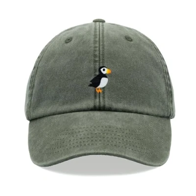 Image of Puffin Baseball Cap Vintage Washed Unisex Dad Hat Adjustable Olive