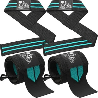 Image of Wrist Wraps + Lifting Straps Bundle (2 Pairs) For Weightlifting, Crossfit, Workout, Gym, Powerlifting, Bodybuilding Support Women &amp; Men Premium Quality Equipment (Aqua Blue) 1 Year Warranty