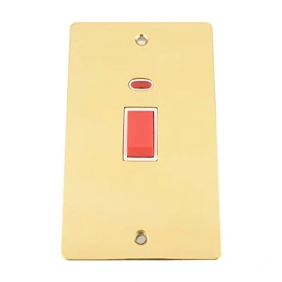 Image of Cooker Switch w/Neon 45 Amp Tall Plate Polished Mirror Brass Flat White Insert