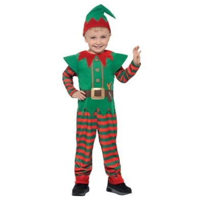Image of Smiffys Elf Toddler Costume, Red &amp; Green with Jumpsuit Hat, Christmas Children&#039;s Fancy Dress, Dress Up Costumes