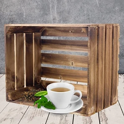 Image of Kontorei® Flamed / Brown Apple Crates, 50 cm x 40 30 cm, Set of 2, Wooden Wine Fruit Crates