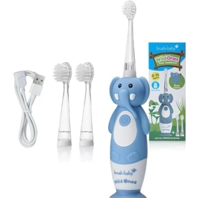 Image of Brush Baby WildOnes Kids Electric Rechargeable Toothbrush Elephant, 1 Handle, 3 Head, USB Charging Cable, for Ages 0 10 (Elephant)