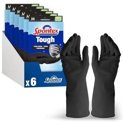Image of Spontex Tough Household Gloves Medium Size Extra Strong Supple Comfortable 6 Pairs