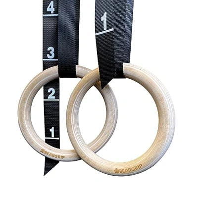 Image of BEAR GRIP Wooden Gymnastic Rings Set, Adjustable Safety Straps + Length Markings Olympic Gym Gymnastics Athletic Fitness Home Workout