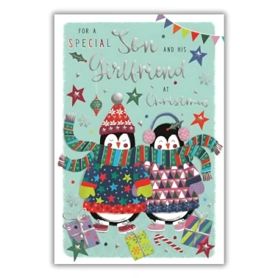 Image of ICG Son and His Girlfriend Christmas Card, Single Cards with Penguins Stars Artistic Festive Design Special Finishes Xmas Envelope