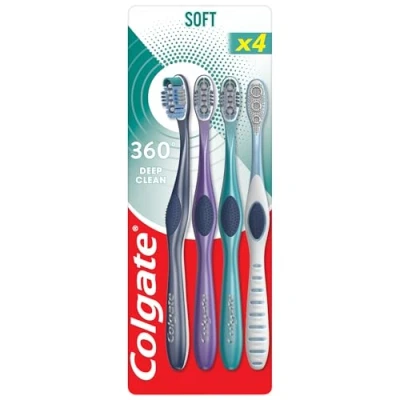 Image of Colgate 360 Deep Clean Soft Toothbrush 4 Pack removes Bacteria from Teeth, Tongue, Cheeks and Gums interdental bristles Between Teeth polishing Cup Remove Plaque Antibacterial bristles*