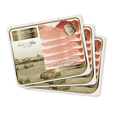 Image of Speck Leggermente Affumicato Salumi Pasini® Slightly Smoked Typical of Trentino Alto Adige 3 Trays 100 gr Each Gluten and Lactose Free