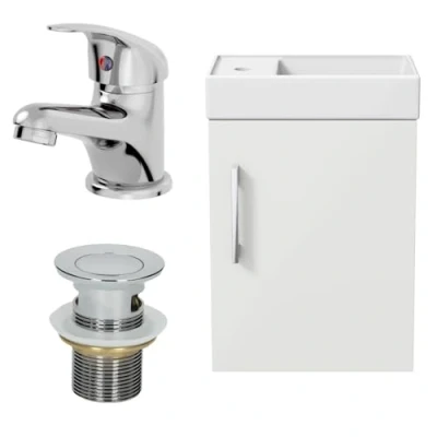 Image of AURORA 400mm Cloakroom Bathroom Basin Sink Vanity Unit Wall Hung Gloss White Curved Mixer Tap FREE Waste