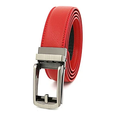Image of ausuky Premium Grain Leather Comfort Click Adjustable Fit Ratchet Jeans Pants Belt Automatic Buckle No Holes (red,110cm)