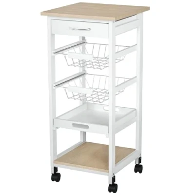 Image of HOMCOM Mobile Rolling Kitchen Island Trolley for Home w/Metal Baskets Trays Shelves Wheels Compact Stylish Storage White