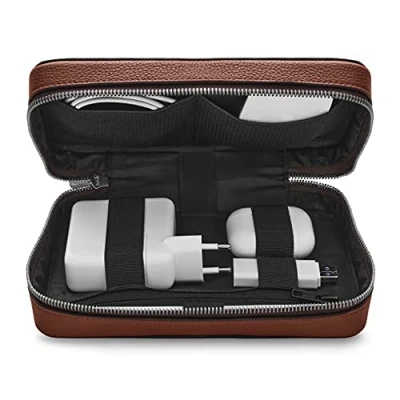 Image of WOOLNUT Full grain Leather Tech Pouch Organizer for Apple Accessories Brown/Travel cable Organiser Bag and Power Bank Case Mens Travel Gadgets with storage