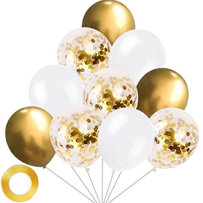 Image of Yiran Gold &amp; White Balloons Pack of 30 Latex 12&quot; Inch Confetti Metallic with 1pc Ribbon for Birthday Parties, Weddings, Anniversaries and Celebrations Party Decorations