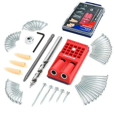 Image of WORKPRO Complete Pocket Hole Drilling Jig Kit 125 Pieces with 100 Self Tapping Screws and 20 Plugs Woodworking Guide Oblique Positioner